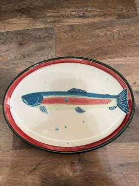 Hand-Painted Fish Serving Platter in Red, Blue, and Green